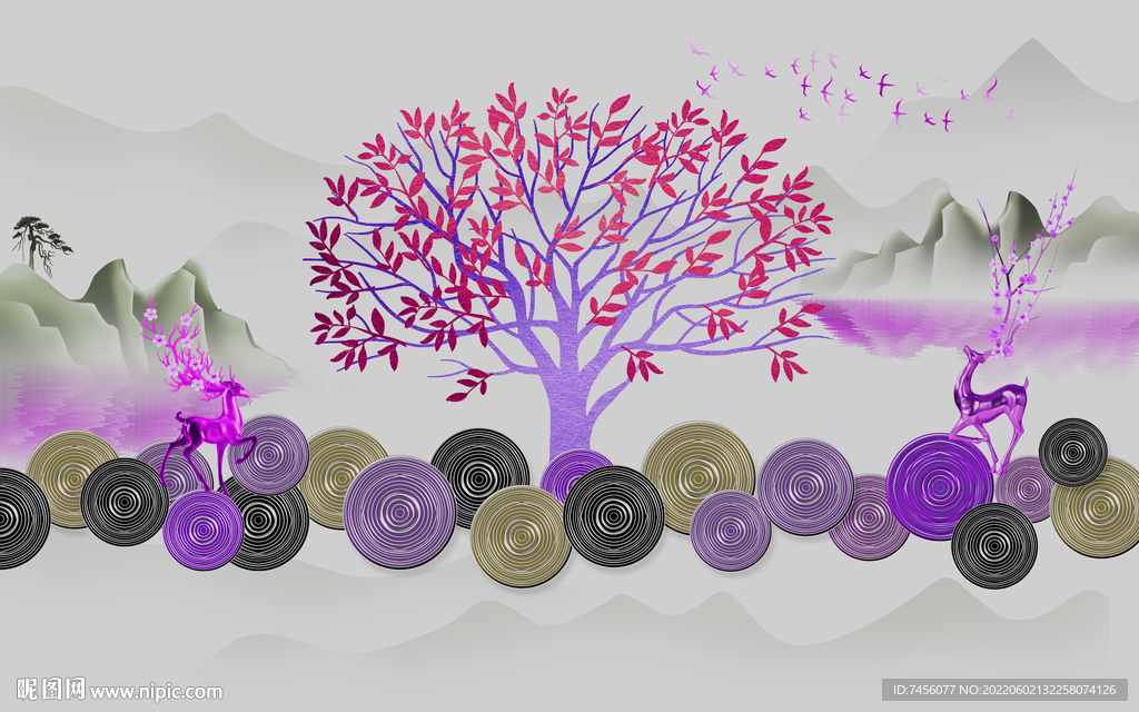 水墨紫色树中式背景墙