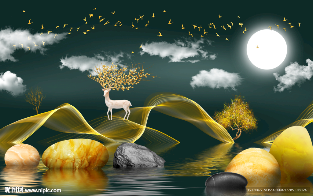 明月湖泊麋鹿风景画背景墙