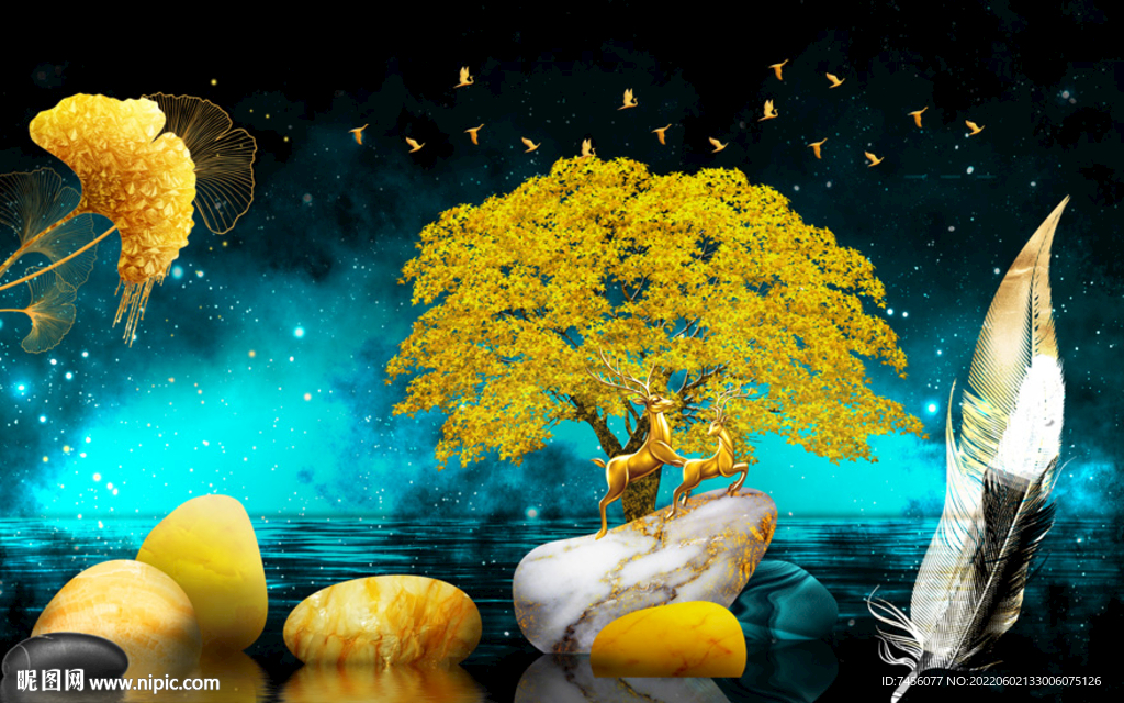 湖泊麋鹿发财树背景墙