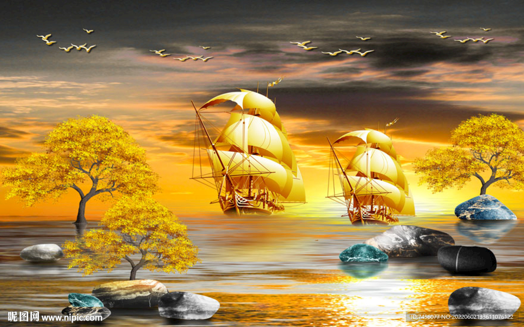 金色帆船湖泊背景墙