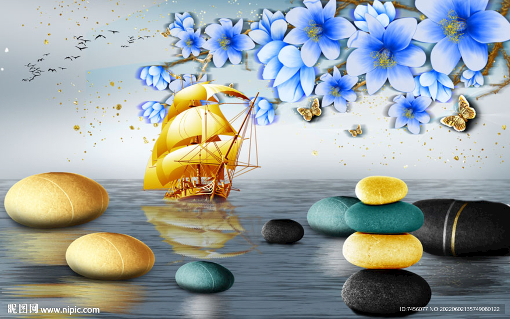 湖泊帆船花卉艺术背景墙