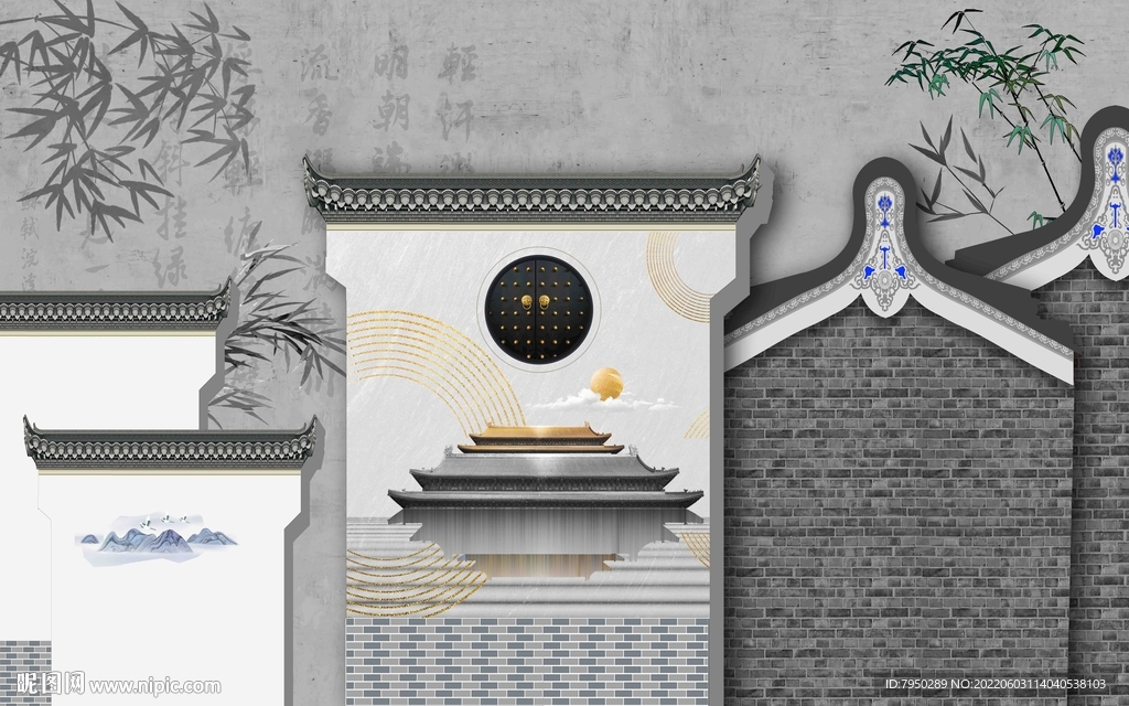 新中式建筑竹子背景墙 