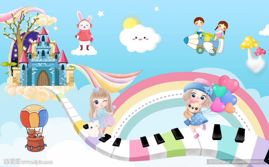 卡通公主彩虹儿童房背景墙图片