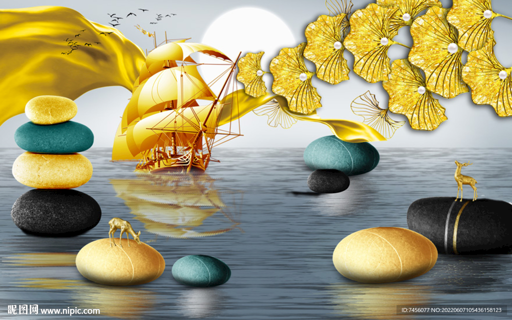 湖泊石头中式背景墙