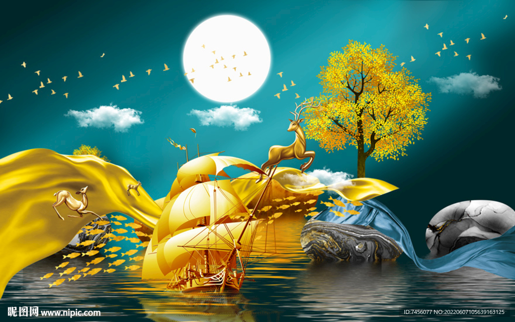金色帆船湖泊美景背景墙