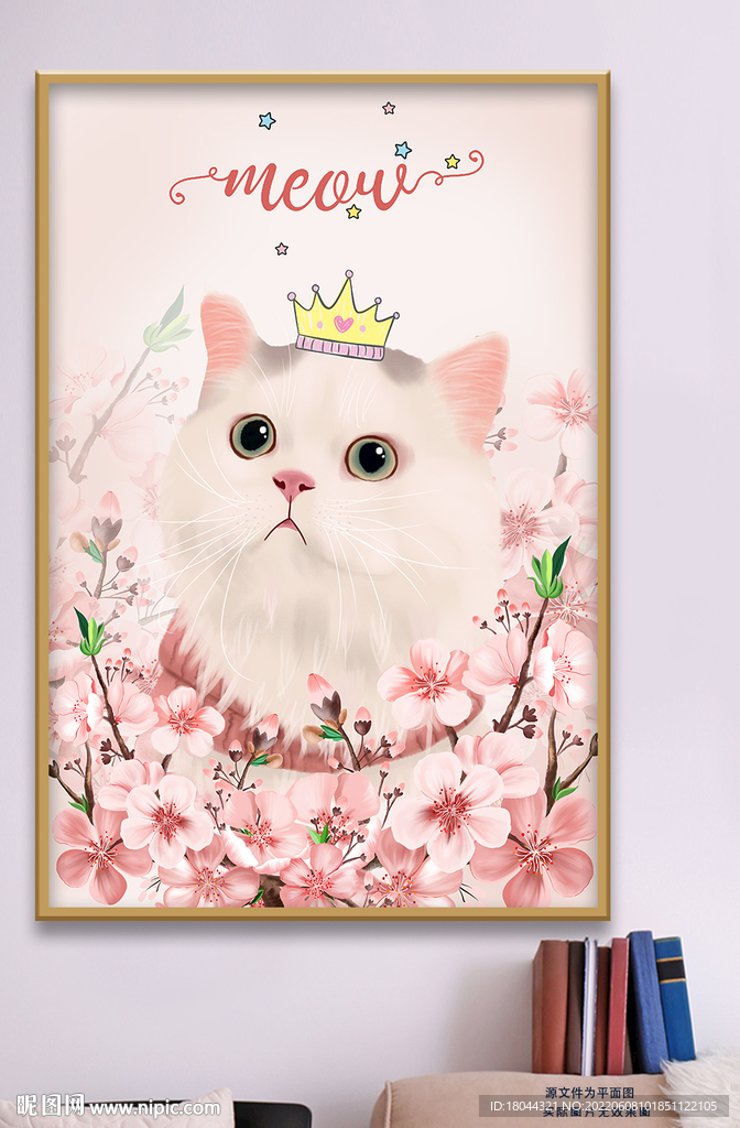 可爱卡通手绘猫咪花朵装饰画