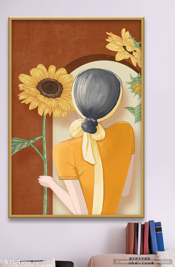 简约手绘美女向日葵装饰画