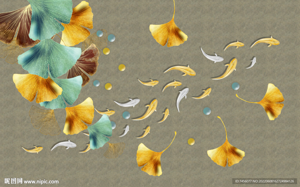 九鱼图水彩树叶背景墙