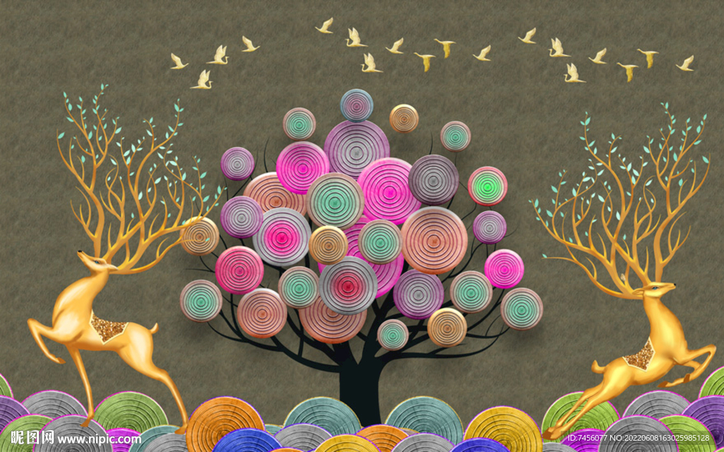 飞鸟麋鹿大树立体背景墙