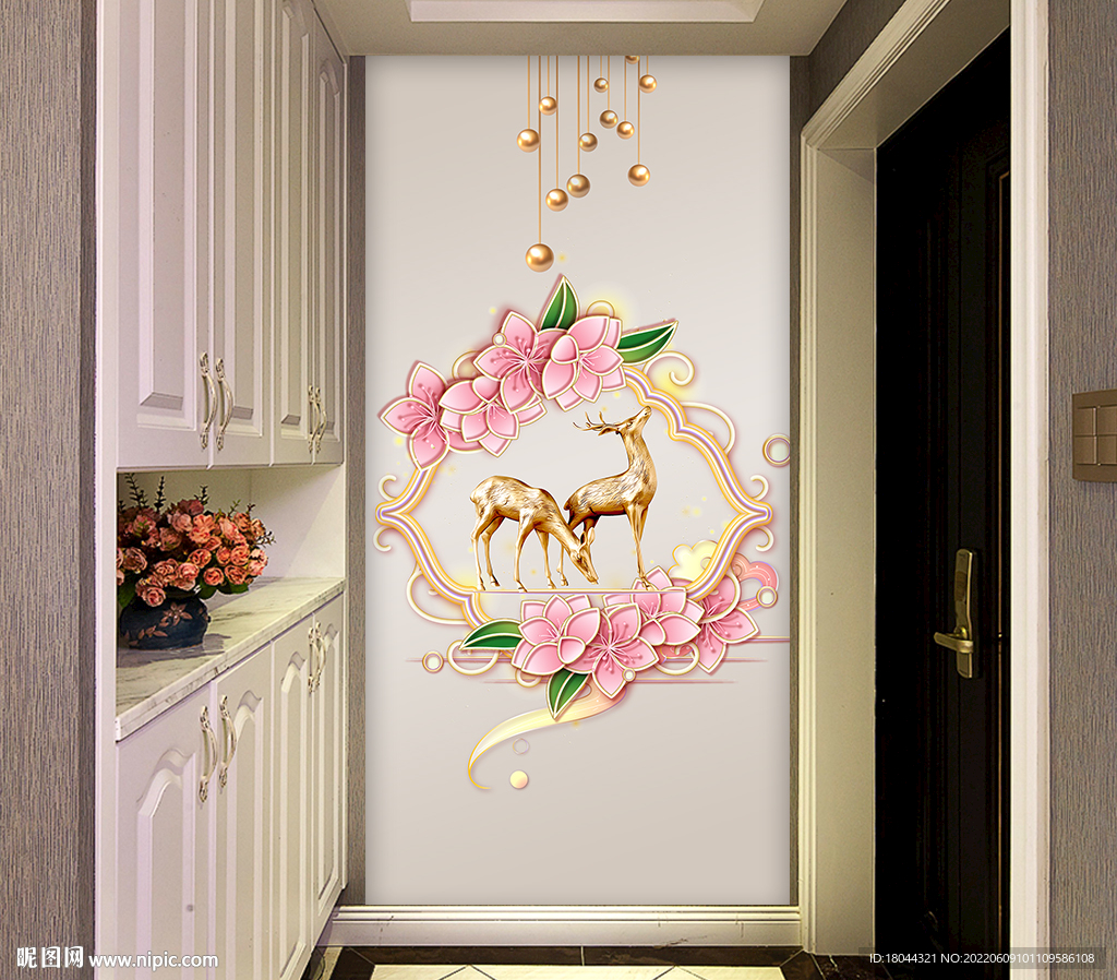 粉色桃花麋鹿玄关装饰画