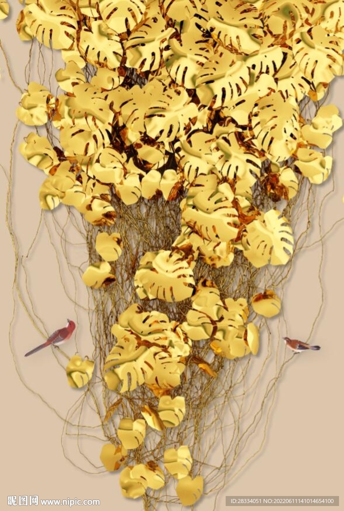 金色热带植物玄关装饰画