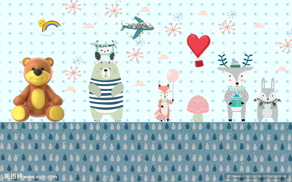 卡通动物儿童房背景墙