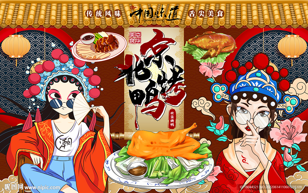 国潮北京烤鸭美食工装背景墙