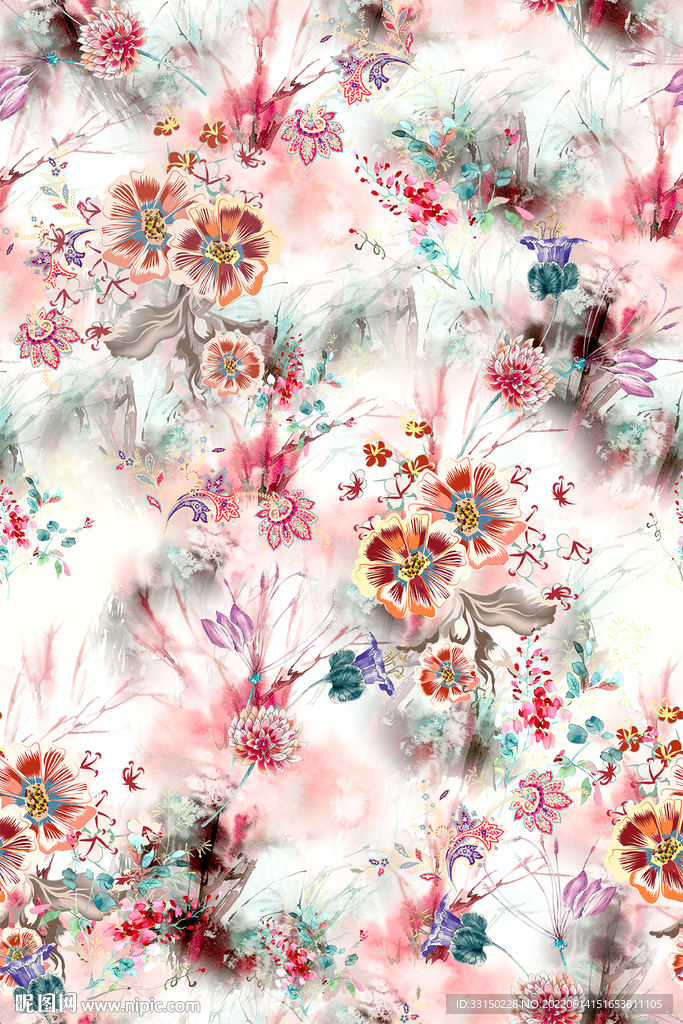 数码印花热带抽象花卉水彩花