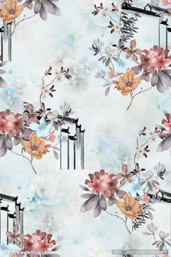 数码印花手绘画抽象花卉水彩花