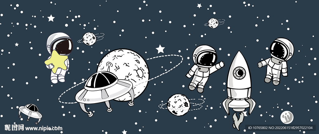 卡通儿童星球宇航员太空背景壁画