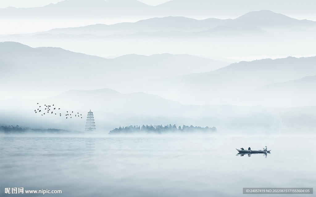 新中式意境山水风景蓝色背景墙