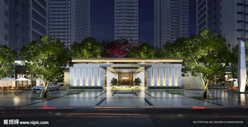 社区大堂透视图小夜景灯光效果图