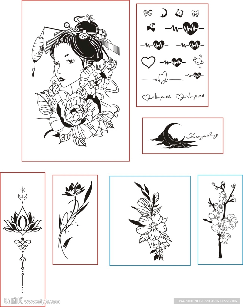 纹身线条激光打标图花卉抽象图