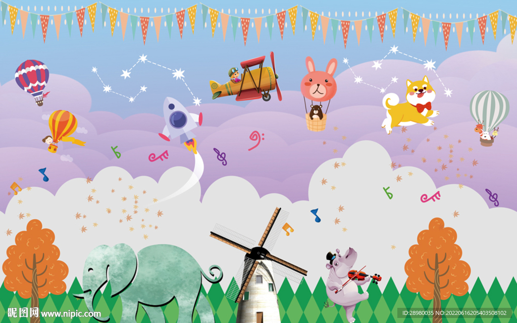 卡通动物乐园儿童房背景墙