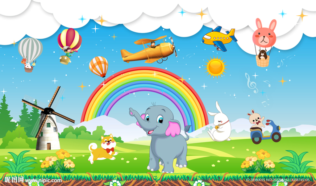 卡通动物乐园儿童房背景墙