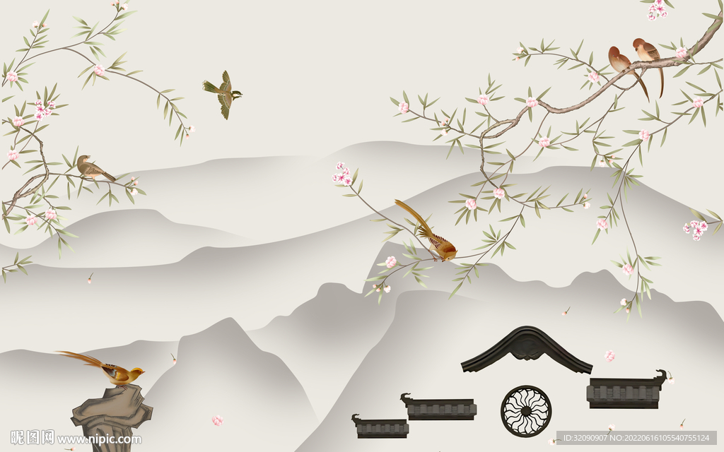 马头墙花鸟图
