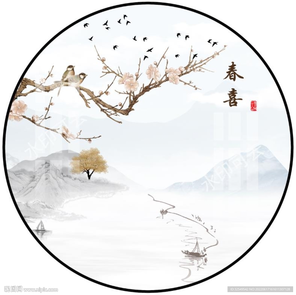圆形水墨山水画
