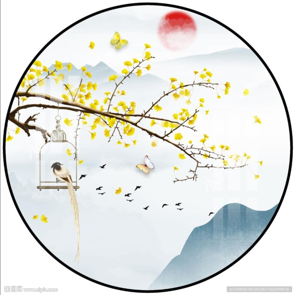 圆形水墨山水画