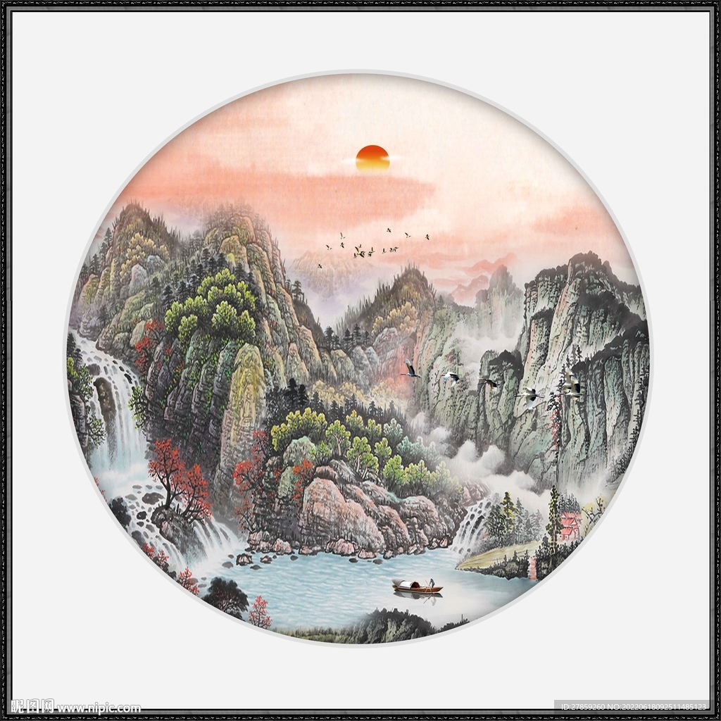 江山如画国画山水旭日东升