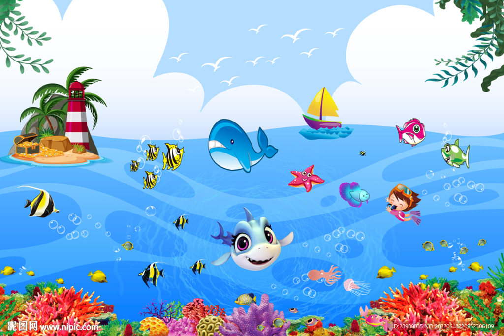 卡通鲸鱼海底世界