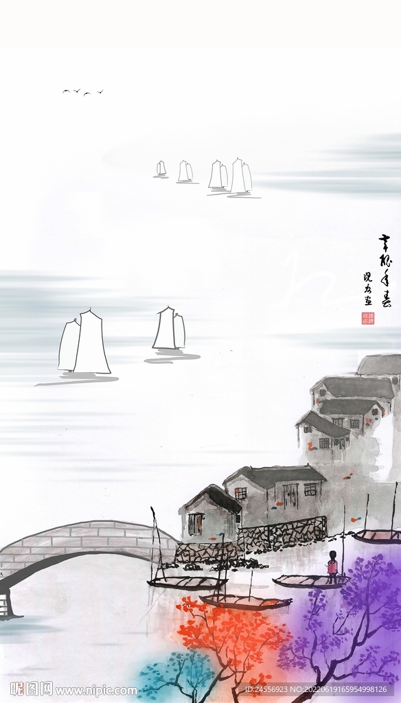 江南春水墨画 
