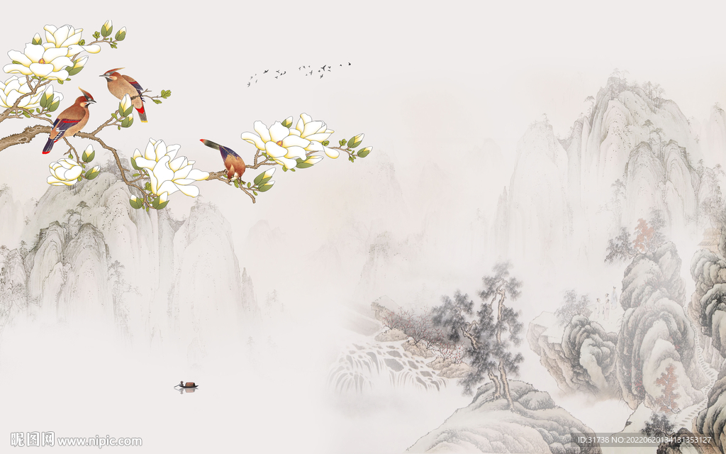 中式水墨山水花鸟背景墙