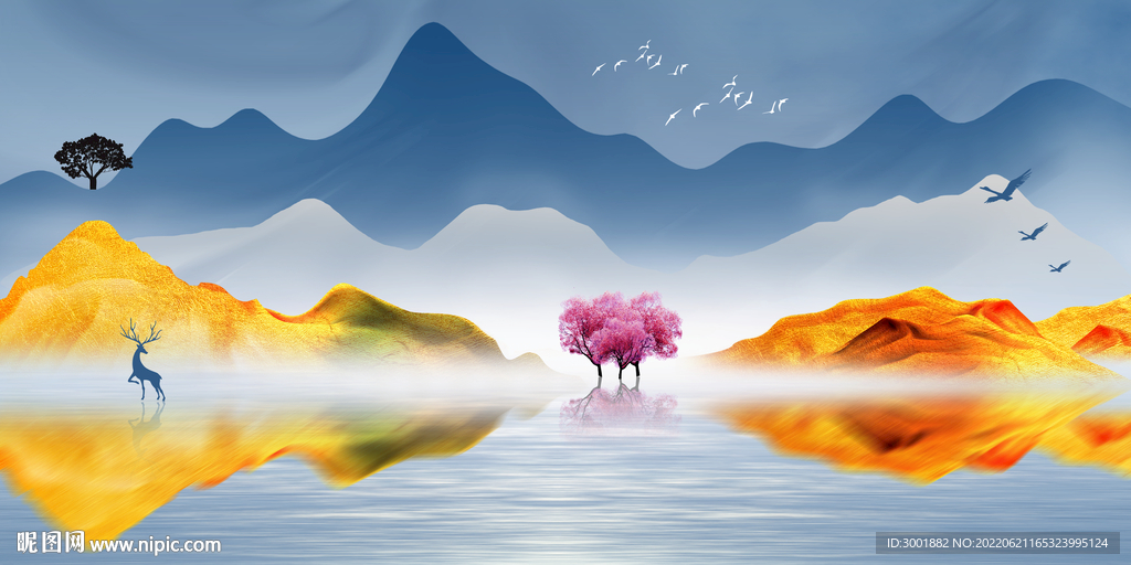 轻奢装饰画 新中式山水画 麋鹿