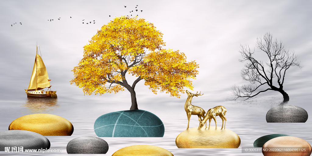 轻奢装饰画 石头树麋鹿