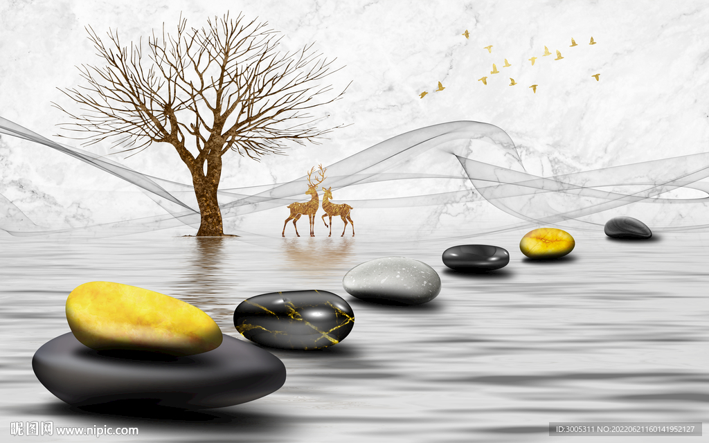 轻奢装饰画 石头 树麋鹿