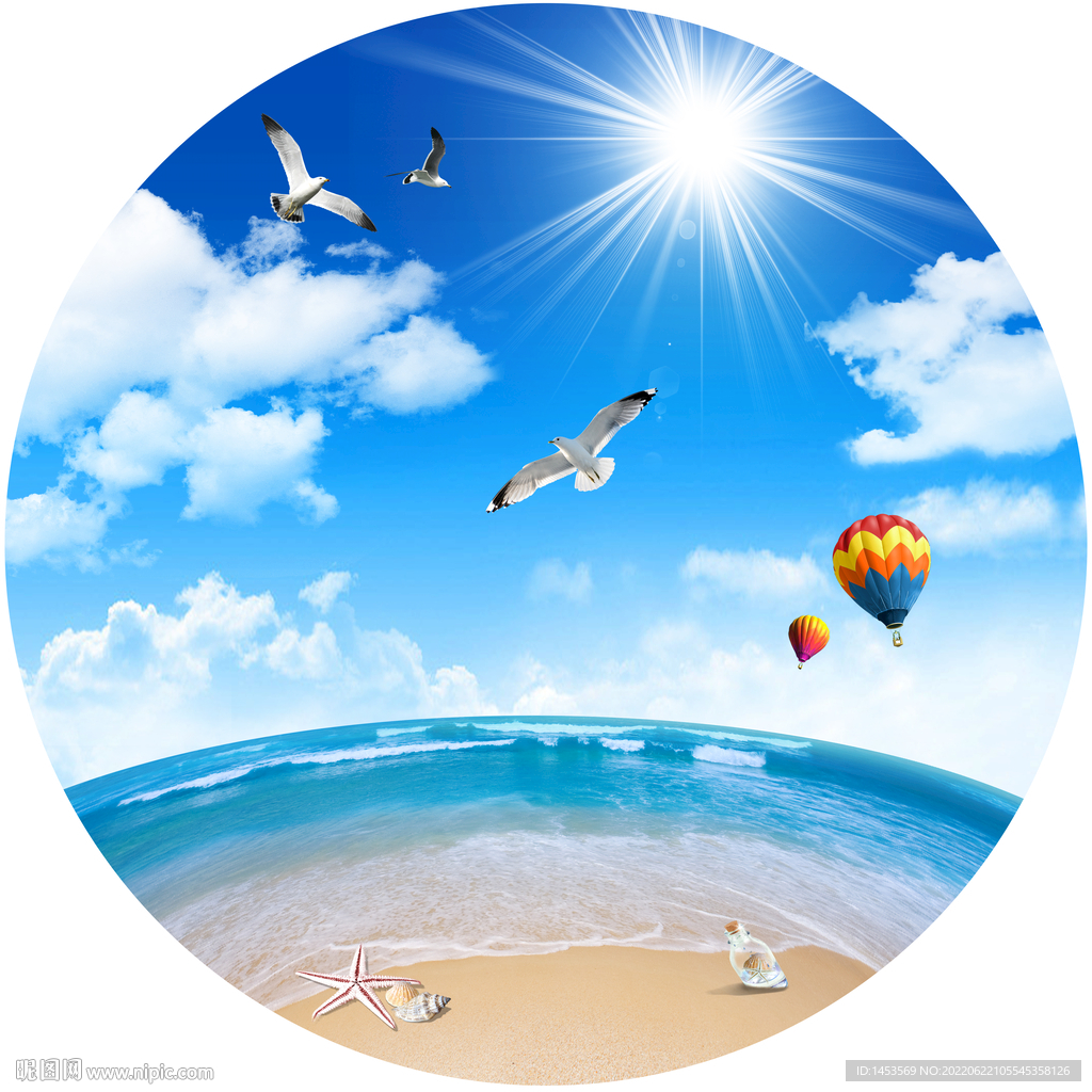 圆形蓝天白云大海