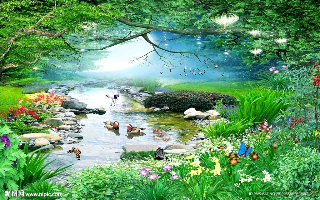 梦幻树林流水背景墙