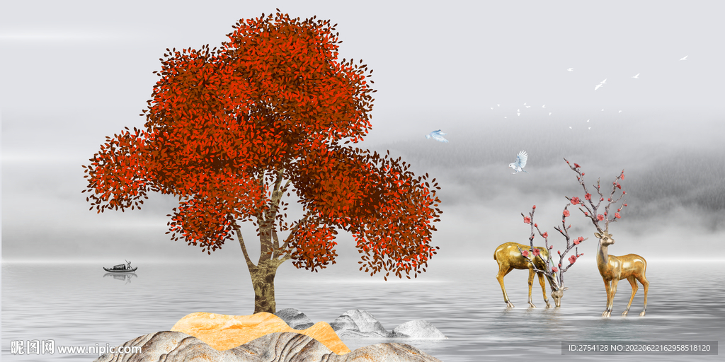 轻奢装饰画 麋鹿 红色树