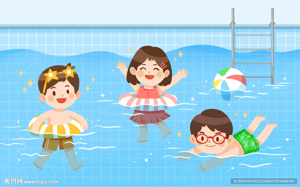 蓝色儿童夏天游泳池插画设计
