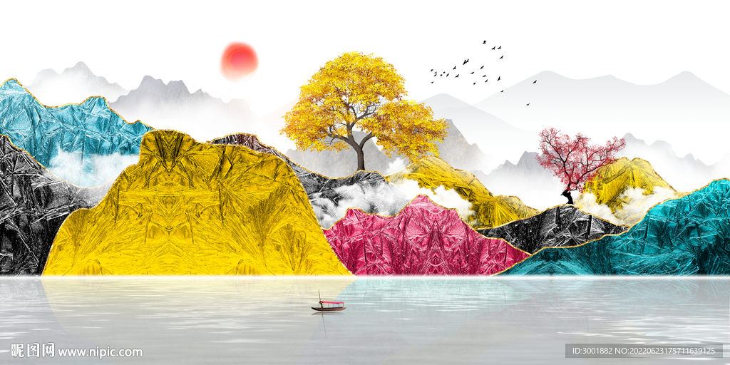 轻奢装饰画 新中式山水画 日出