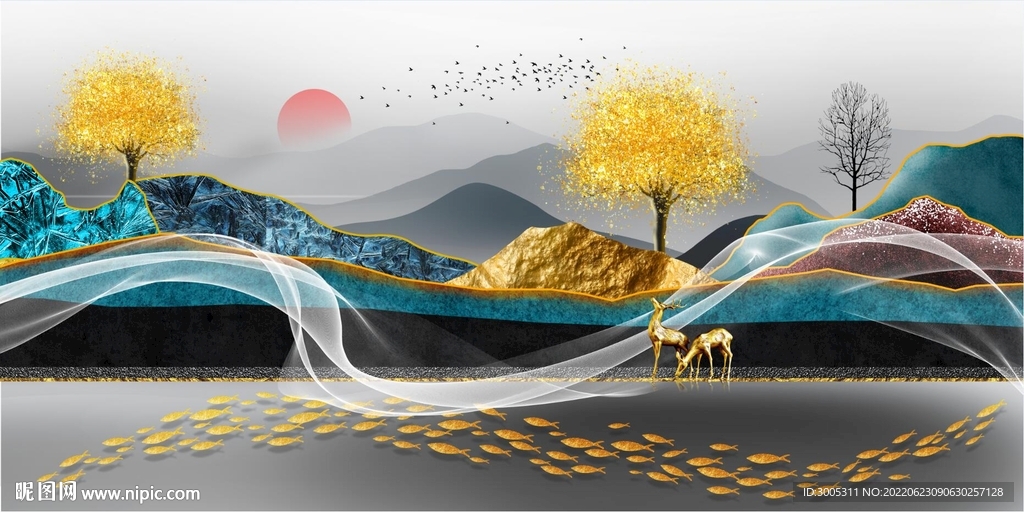 轻奢装饰画 弧线飘带 麋鹿