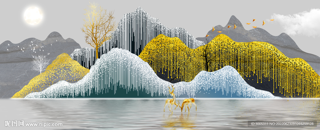 轻奢装饰画 新中式山水画 麋鹿