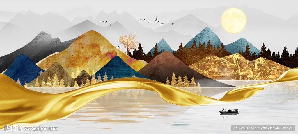 轻奢装饰画 新中式山水画 飘带