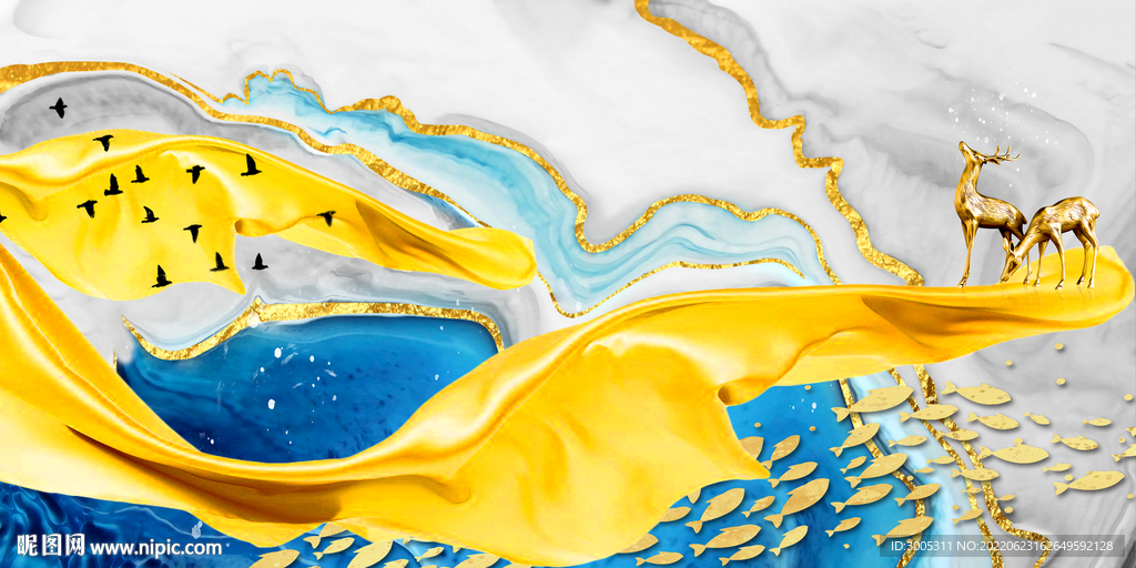 轻奢装饰画 飘带 鱼群