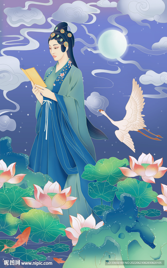 荷塘侍女图插画
