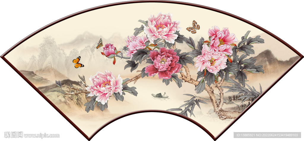 扇形花开富贵装饰画