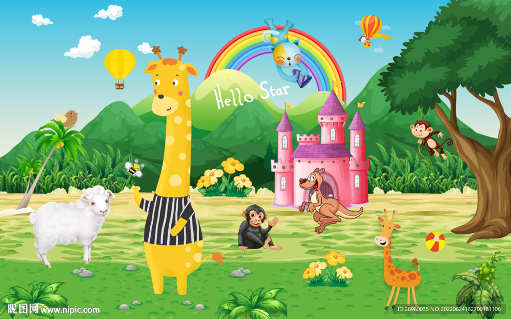 卡通动物乐园儿童背景墙
