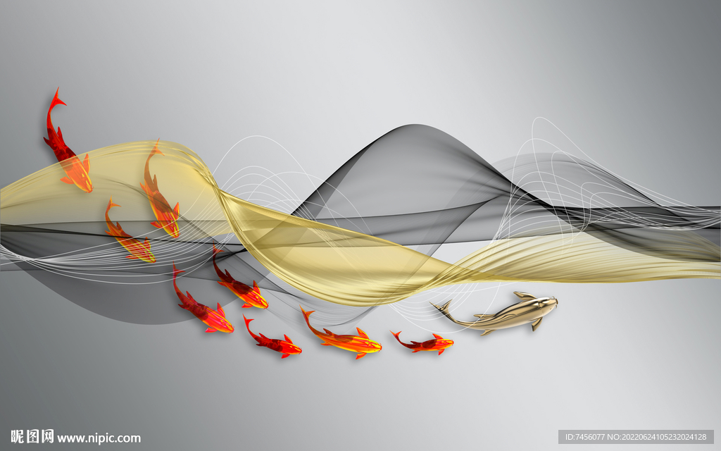 水墨游鱼线条背景墙