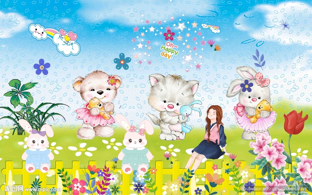 卡通儿童房背景墙 