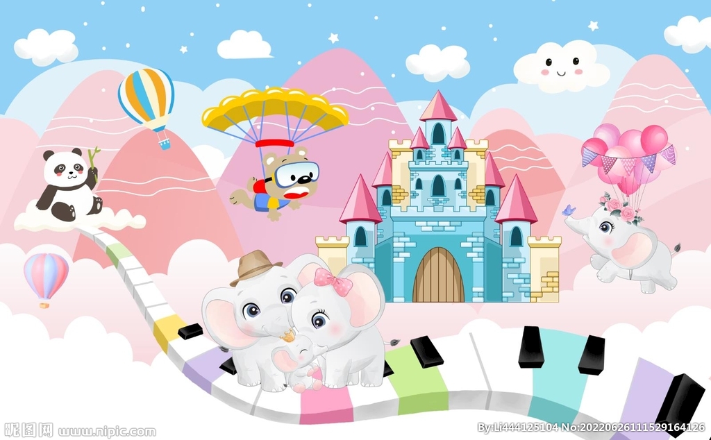 卡通动物彩虹城堡儿童背景墙
